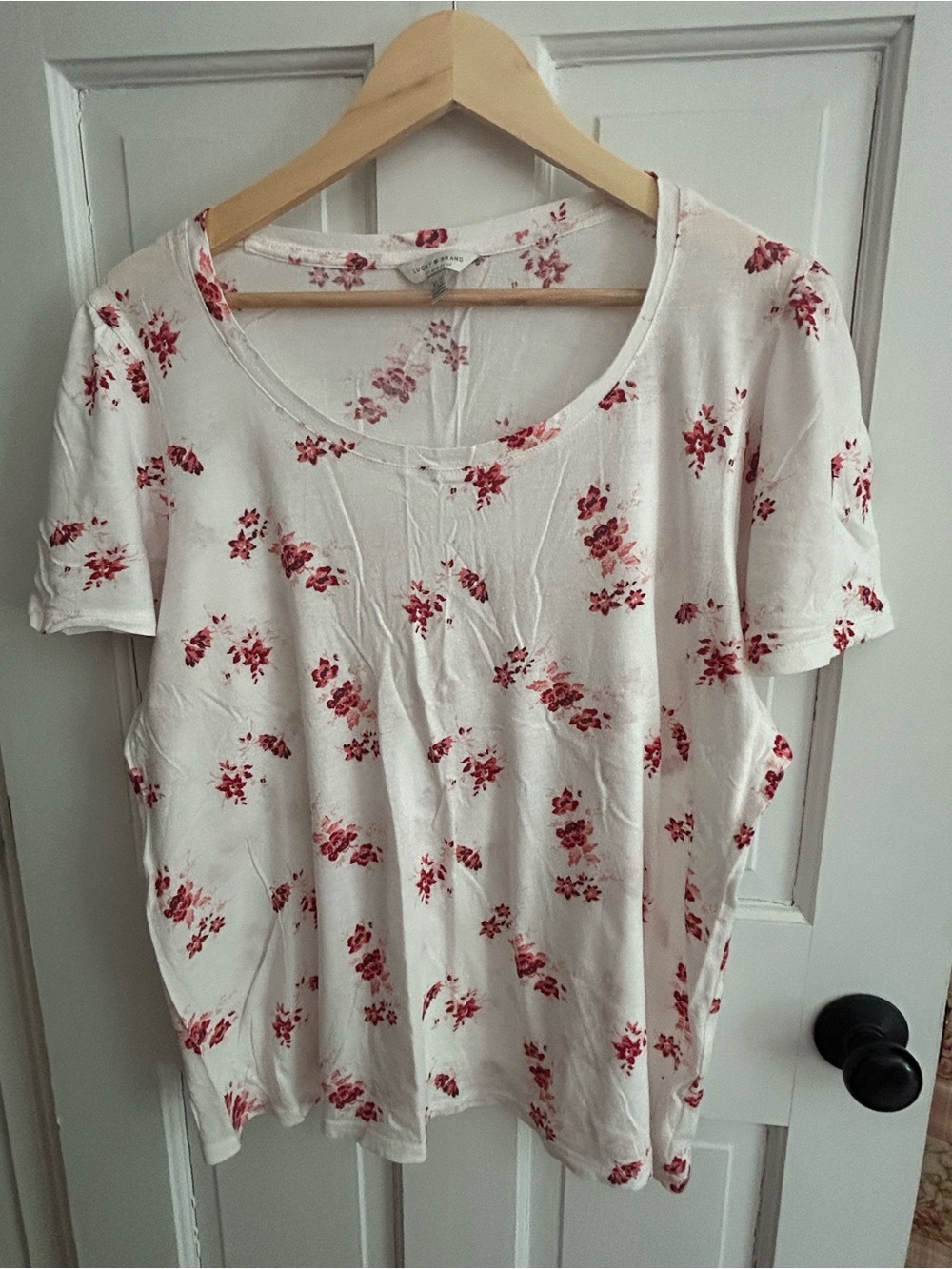 Lucky Brand White Short Sleeve Tee with Red And Pink Floral Print